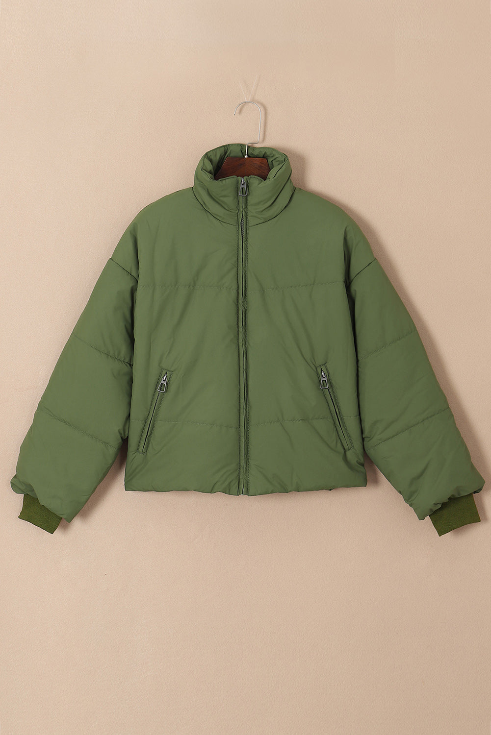 Solid Zip Up Pocketed Puffer Coat