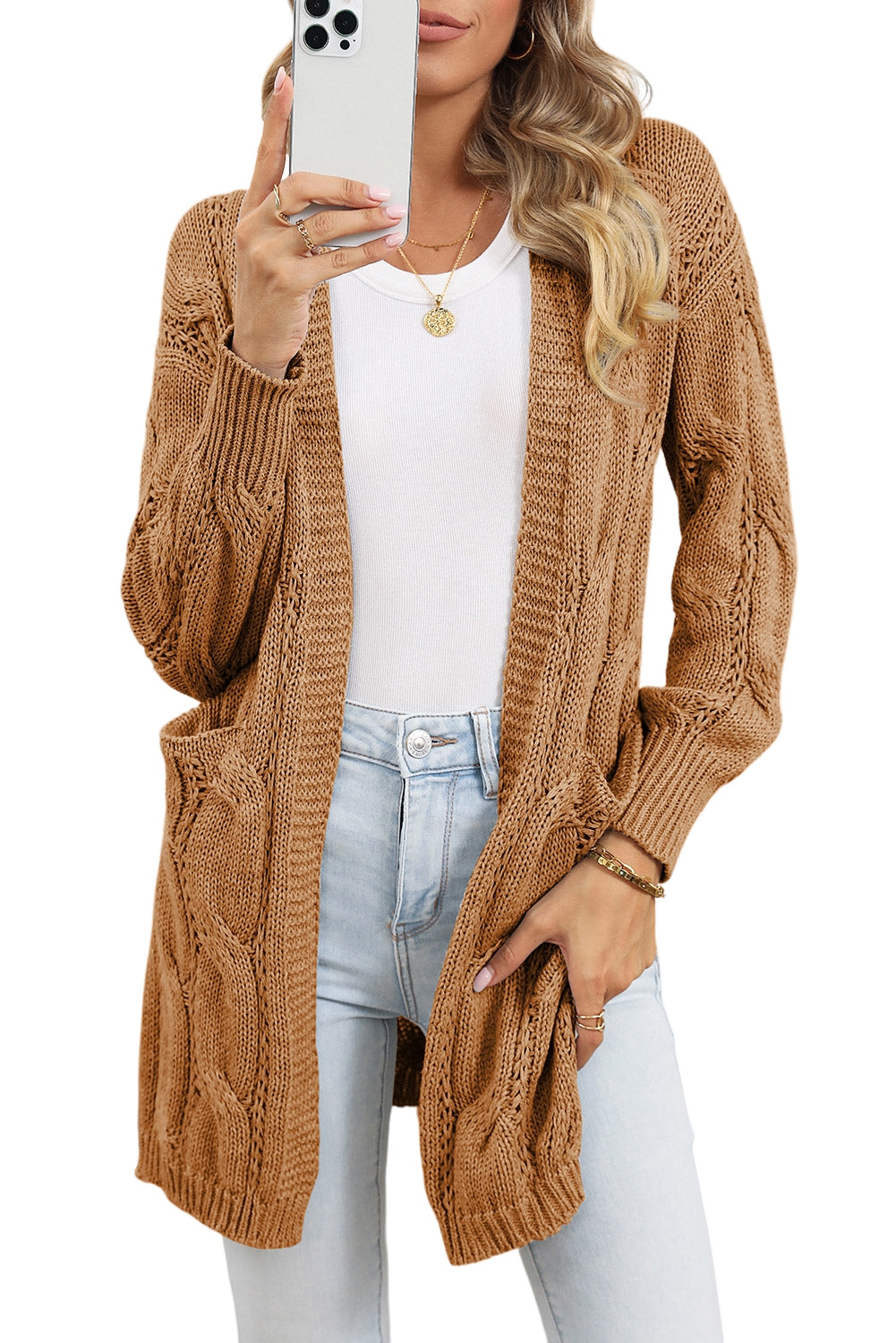 Red Ribbed Trim Hollow Knit Side Slits Cardigan