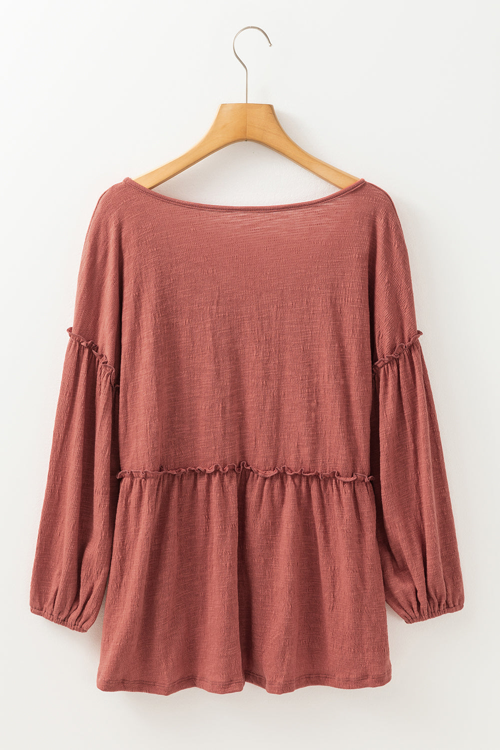 Mineral Red Solid Color Textured Frill Trim V Neck Puff Sleeve Blouse