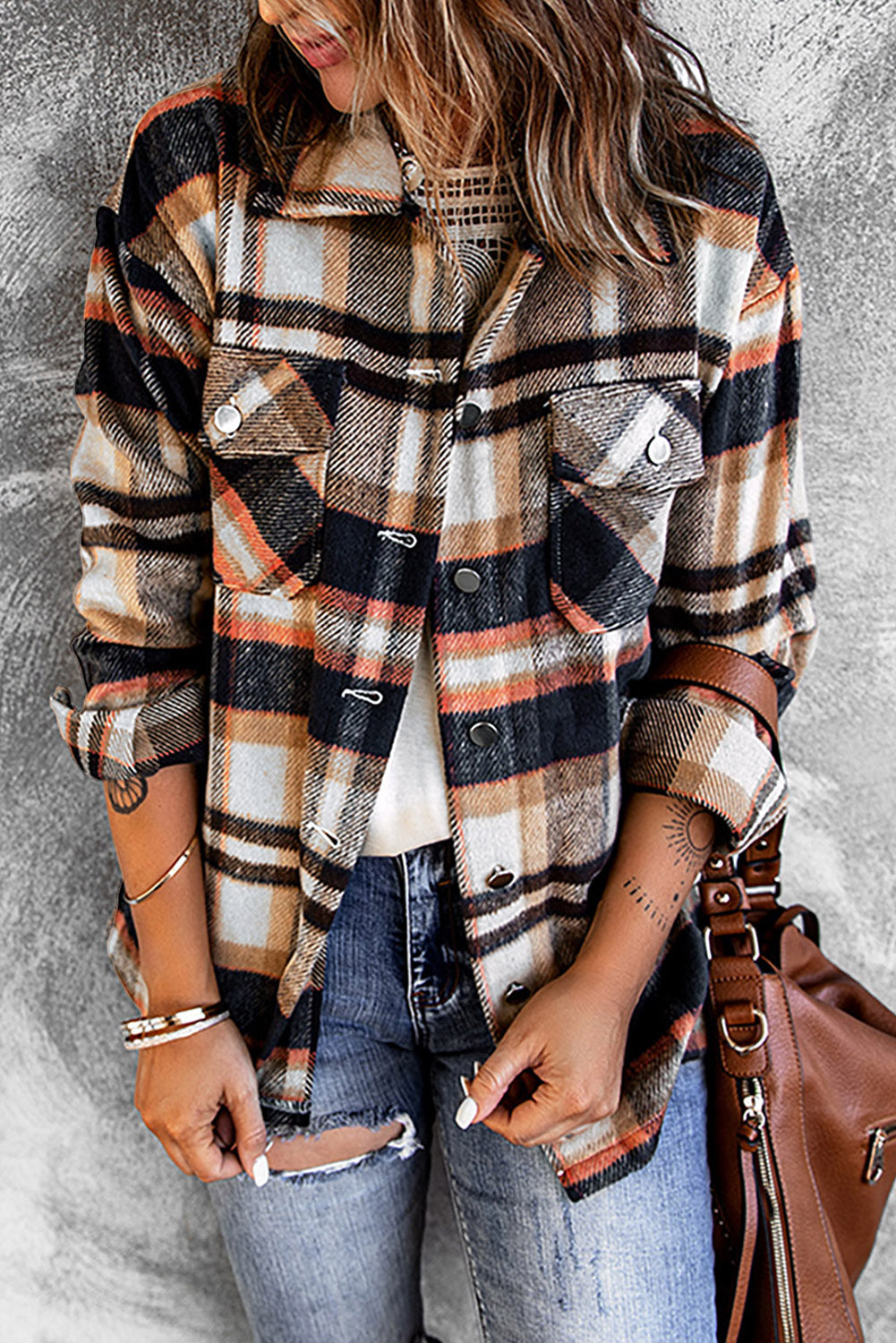 Multicolour Plaid Casual Button Up Flannel Shacket