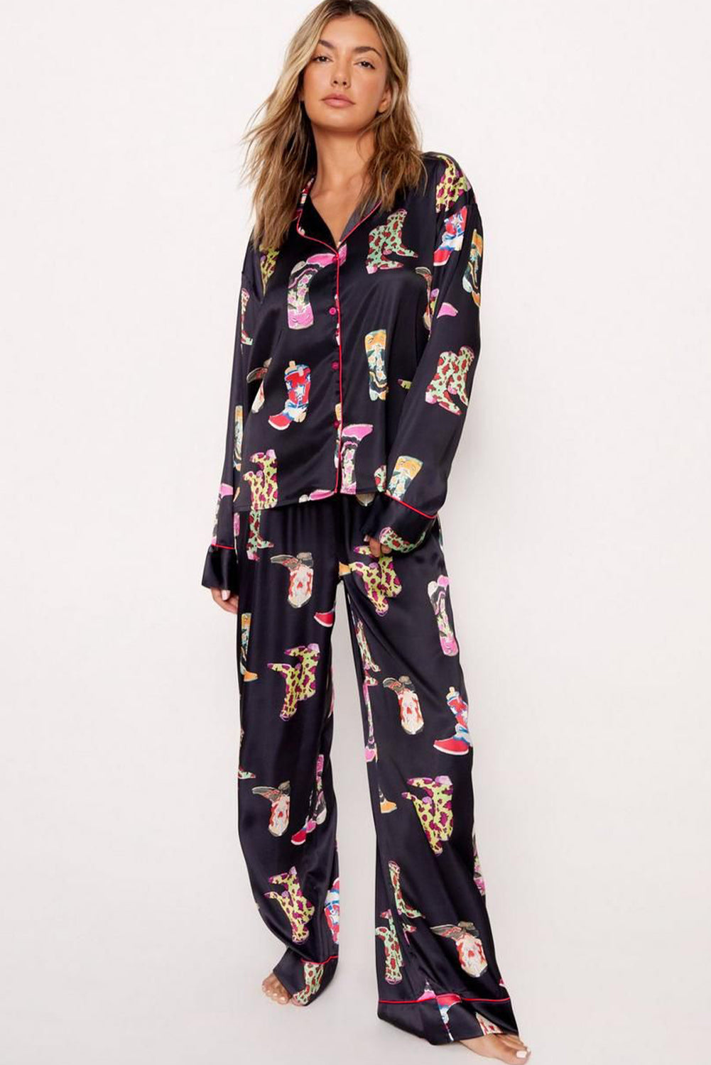 Black Boots Print Loose Shirt and Wide Leg Pyjama Set