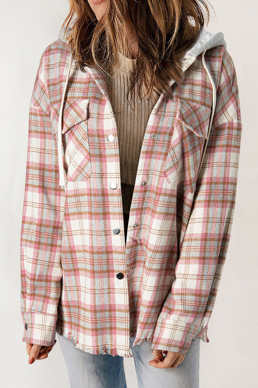 Multicolor Plaid Flap Pocket Hooded Raw Hem Shacket