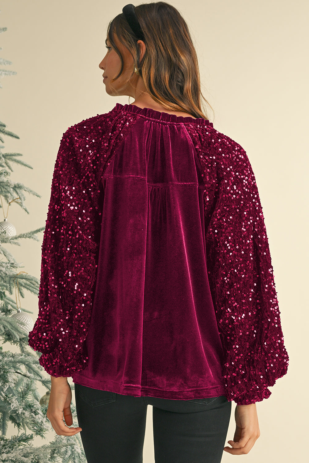 Velvet Sequin Patchwork Sleeve Button Up Blouse