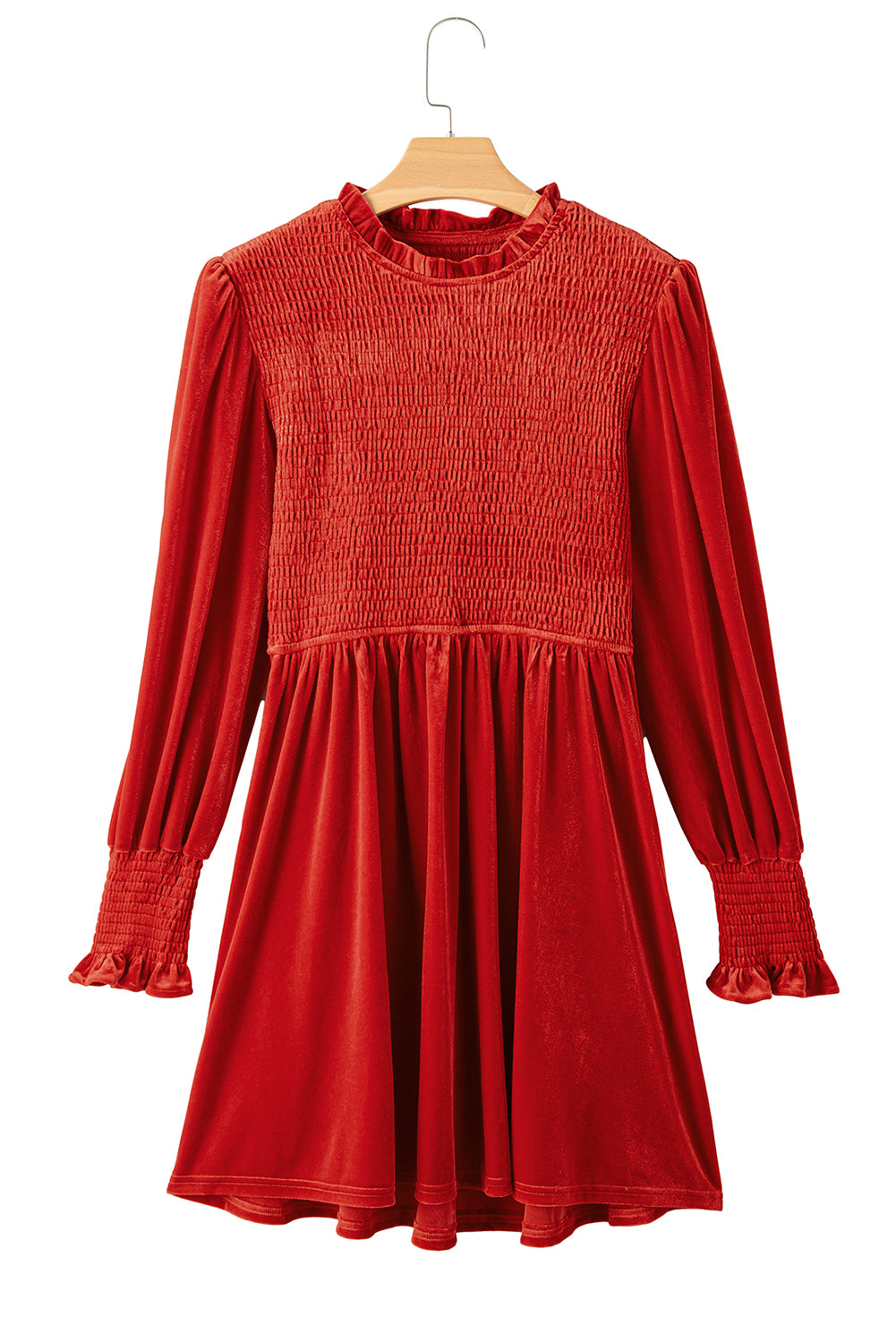 Smocked Lantern Sleeve Frilled Velvet Dress