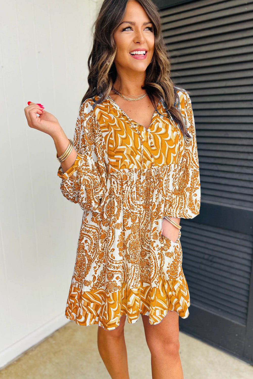 Green Bohemian Print Lantern Sleeve V Neck Flared Mini Dress