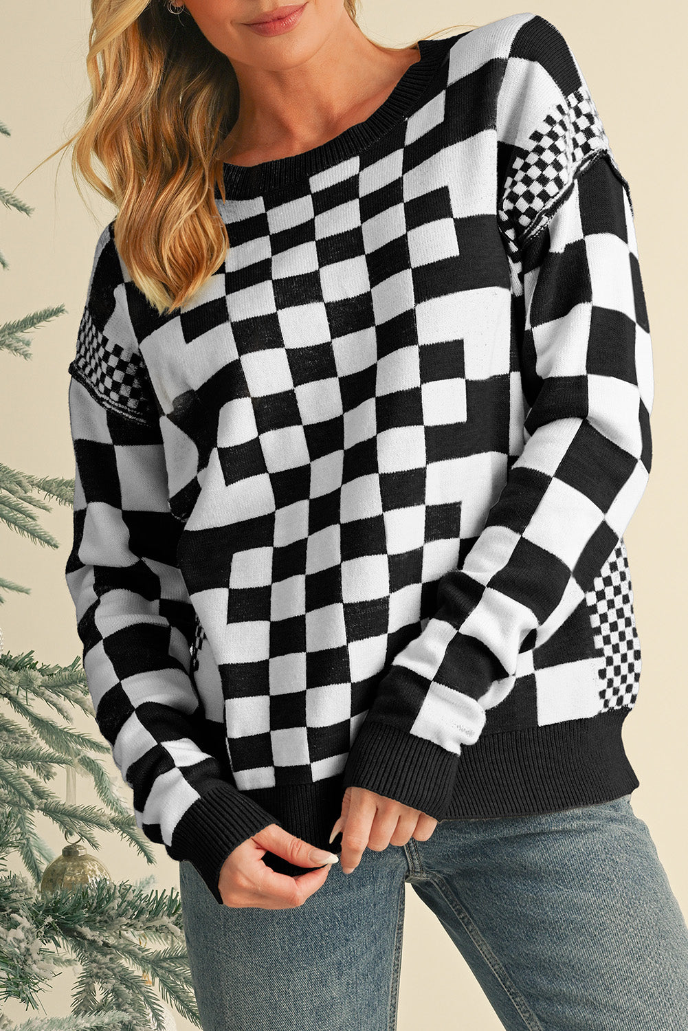 Checkered Drop Shoulder Round Neck Sweater