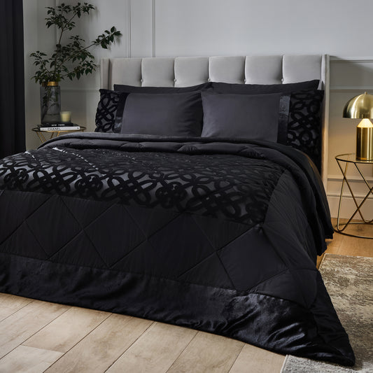 Lattice Cut Velvet Quilted Bedspread in Black by Catherine Lansfield