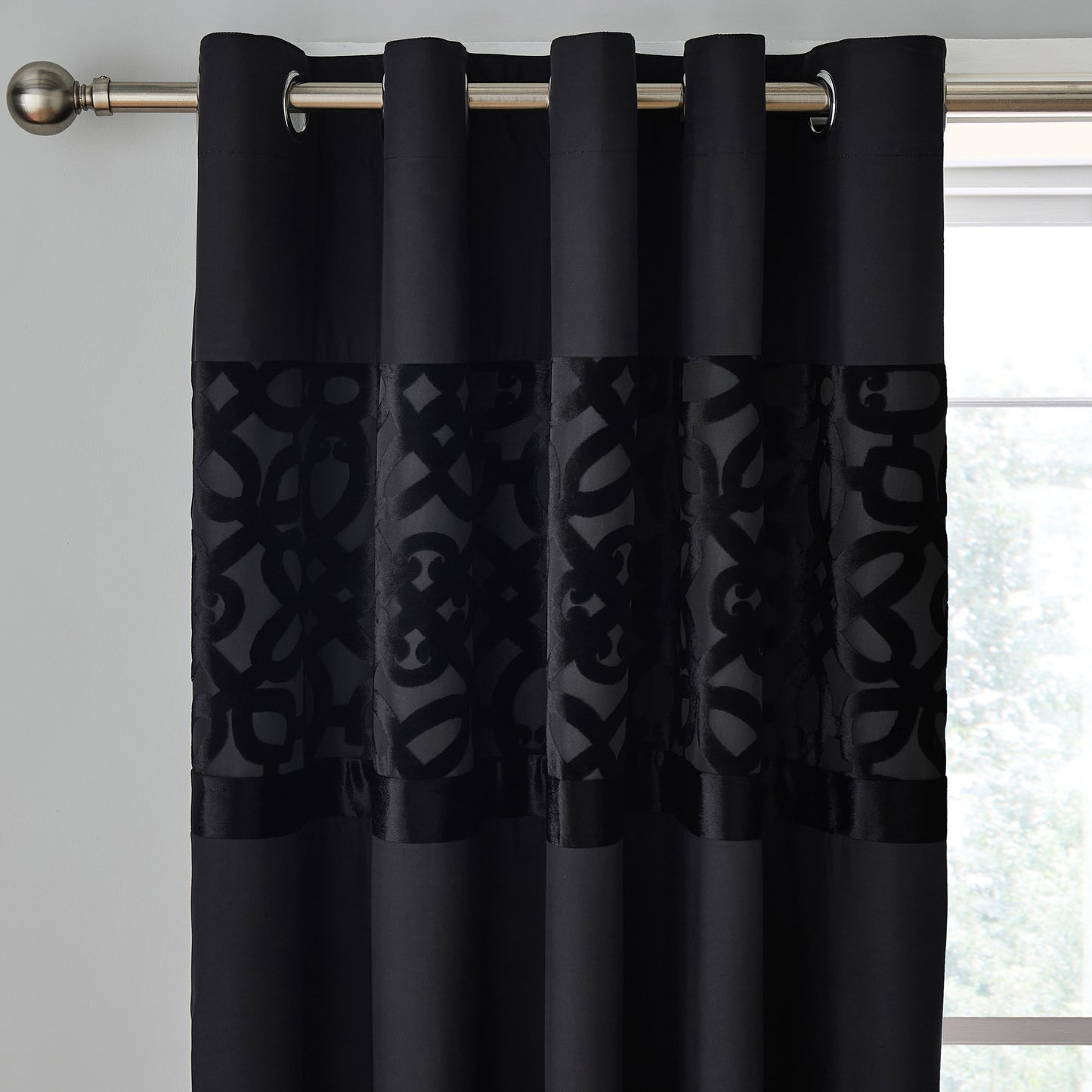 Lattice Cut Velvet Lined Eyelet Curtains in Black by Catherine Lansfield