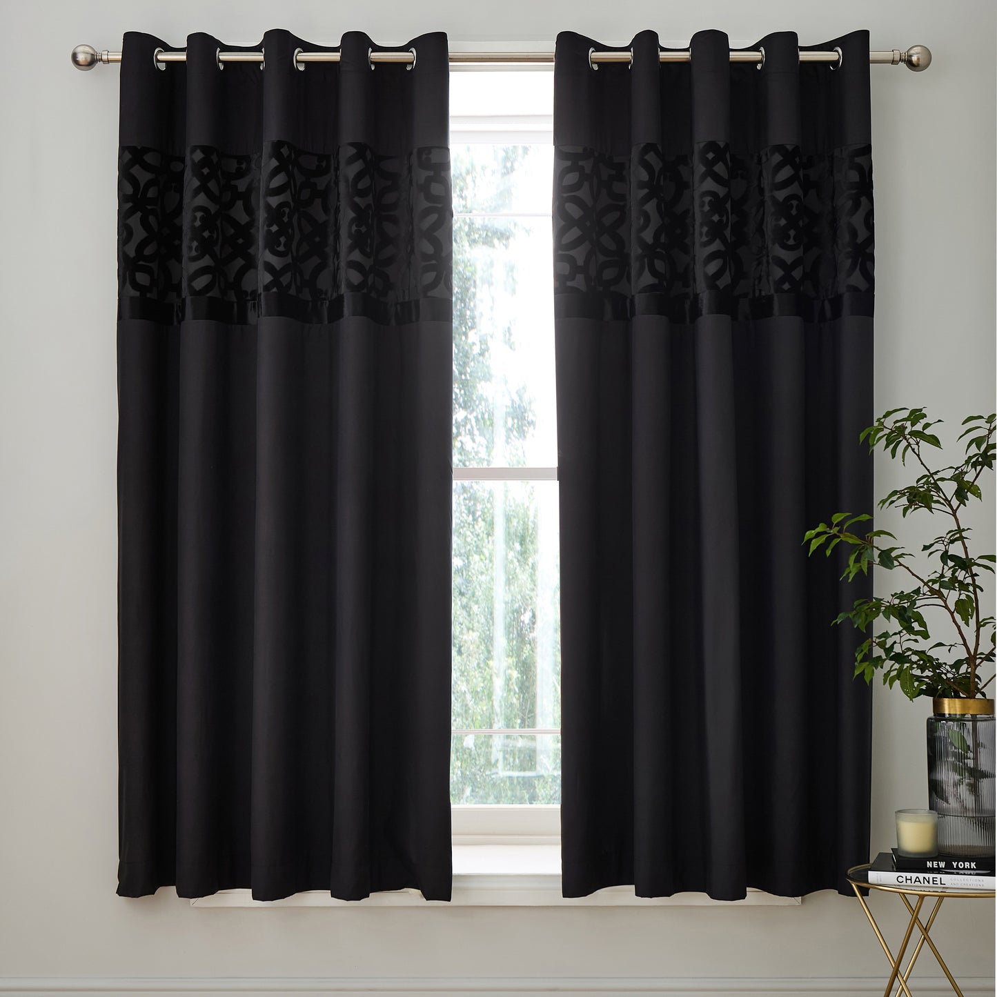 Lattice Cut Velvet Lined Eyelet Curtains in Black by Catherine Lansfield