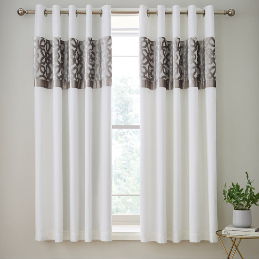 Lattice Cut Velvet Lined Eyelet Curtains in Natural by Catherine Lansfield