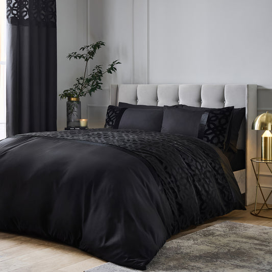 Lattice Cut Velvet Duvet Cover Set in Black by Catherine Lansfield