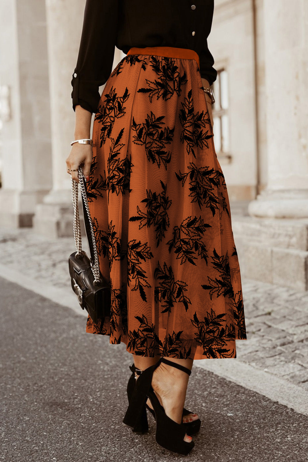 Peach Blossom Floral Leaves Embroidered High Waist Maxi Skirt