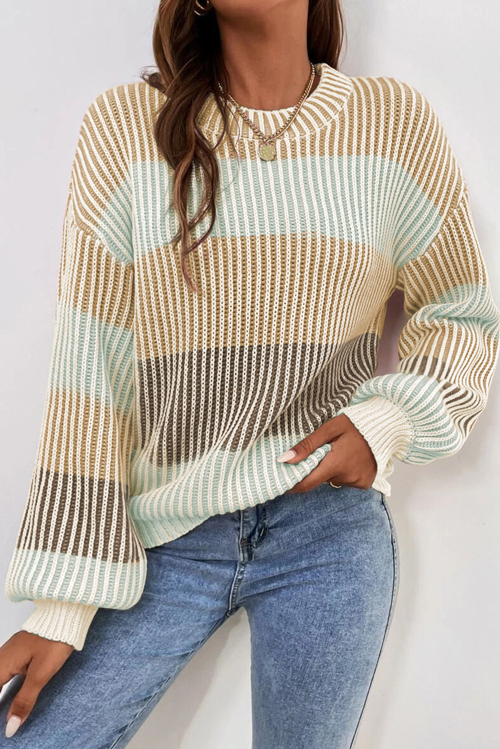 Multicolour Colour block Lantern Sleeve Knitted Sweater