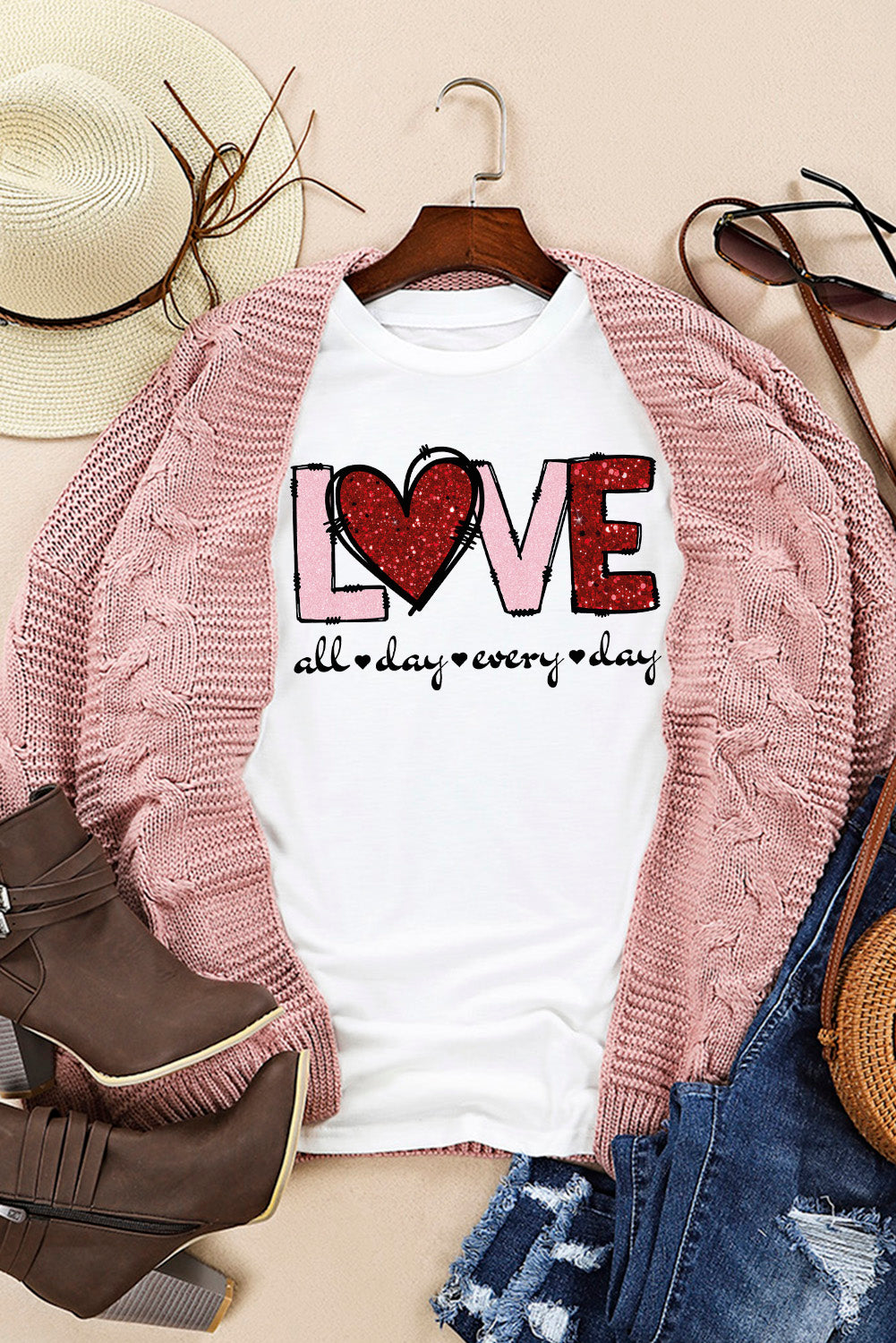 White Valentine LOVE Heart Shape Crew Neck Graphic Tee