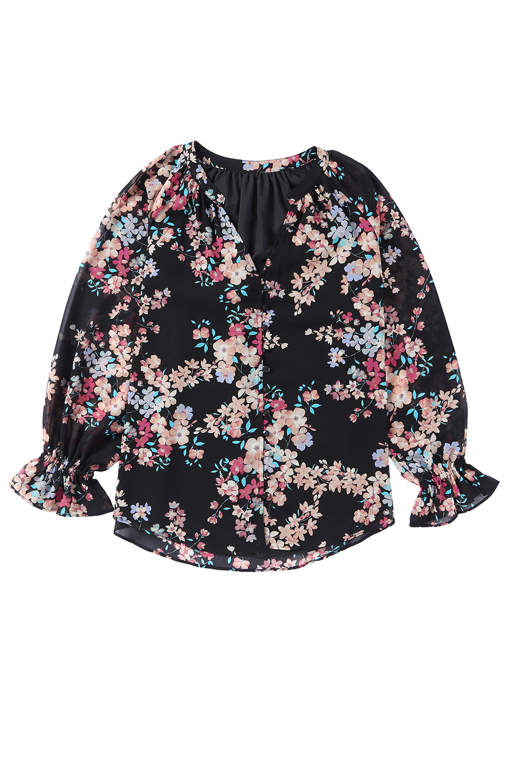 Black Floral Boho Chiffon Peasant Sleeve Blouse