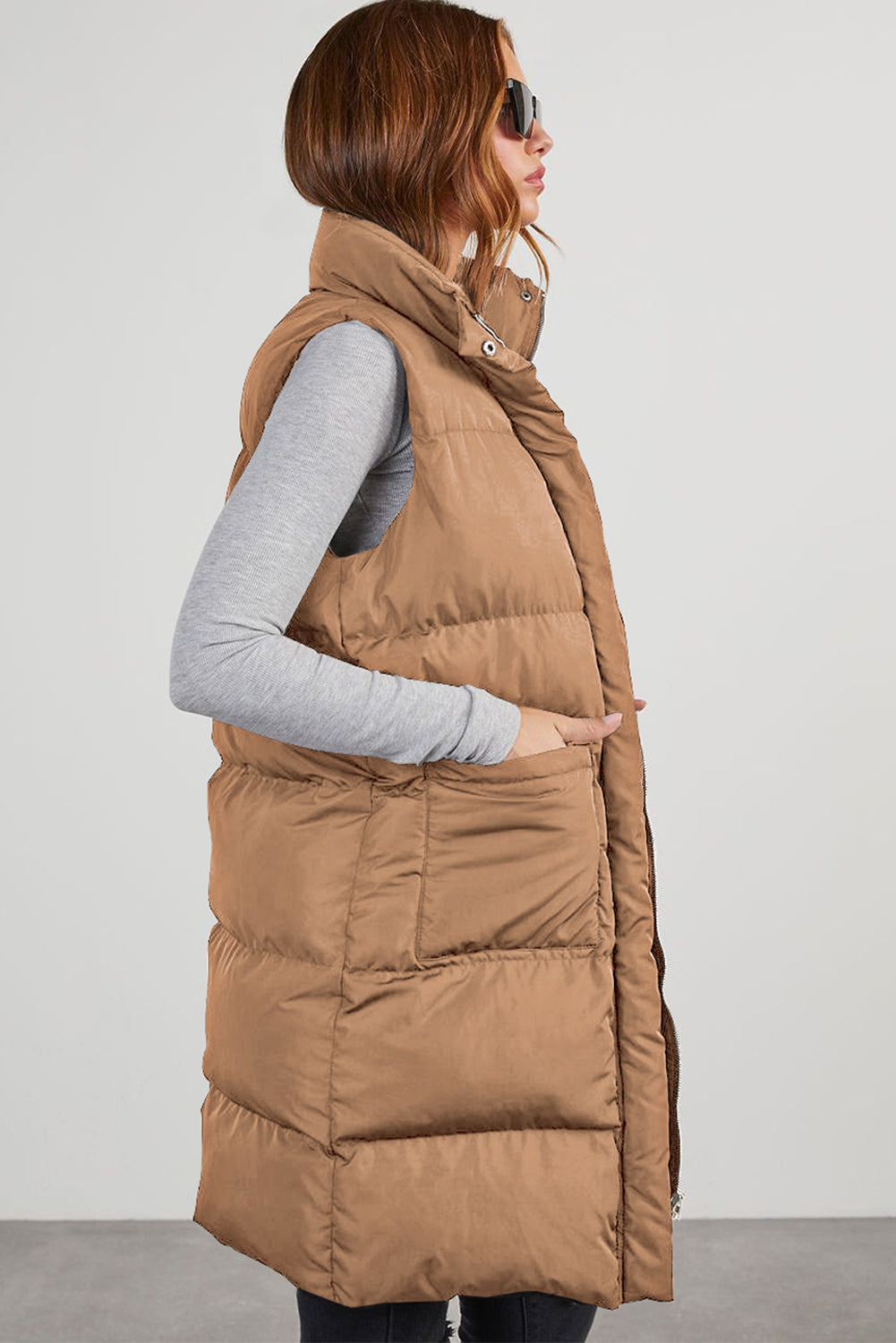 Quilted Pocketed Long Puffer Vest Coat