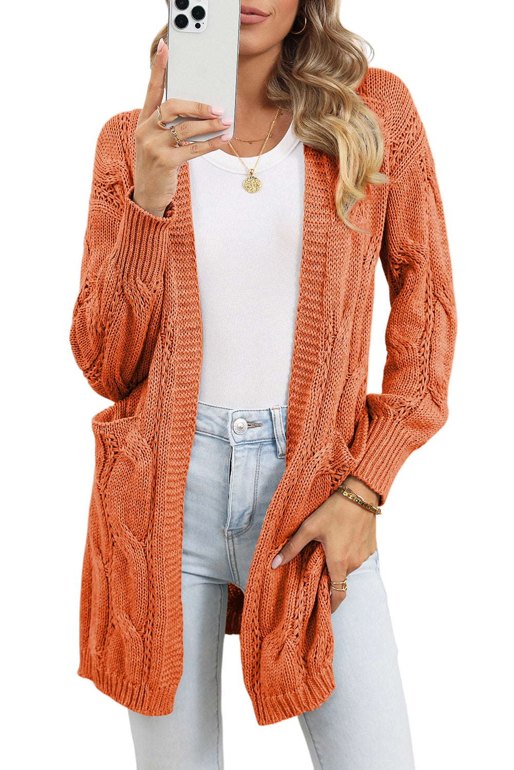 Red Ribbed Trim Hollow Knit Side Slits Cardigan