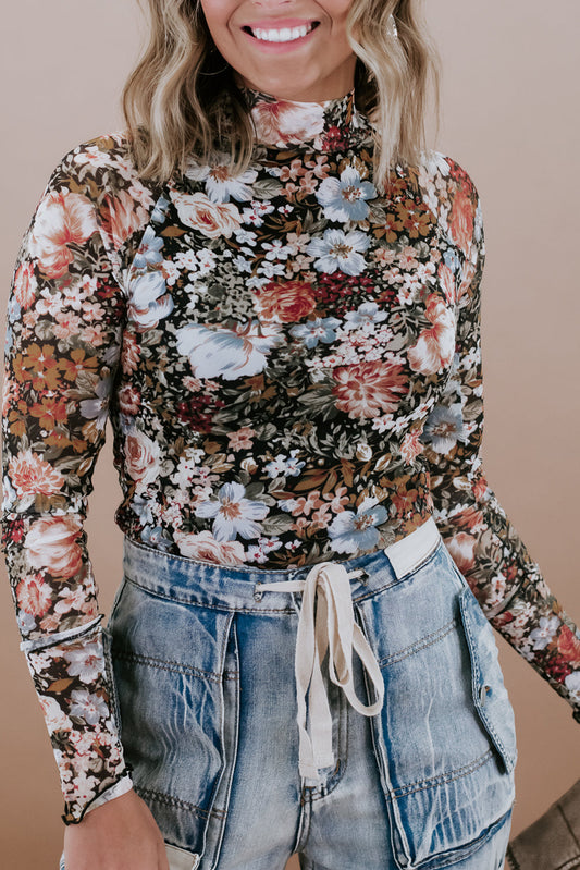 Floral Print Mesh Mock Neck Slim Top