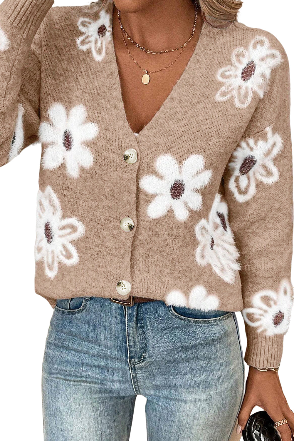 Light Grey Floral Print V Neck Knitted Button Up Cardigan