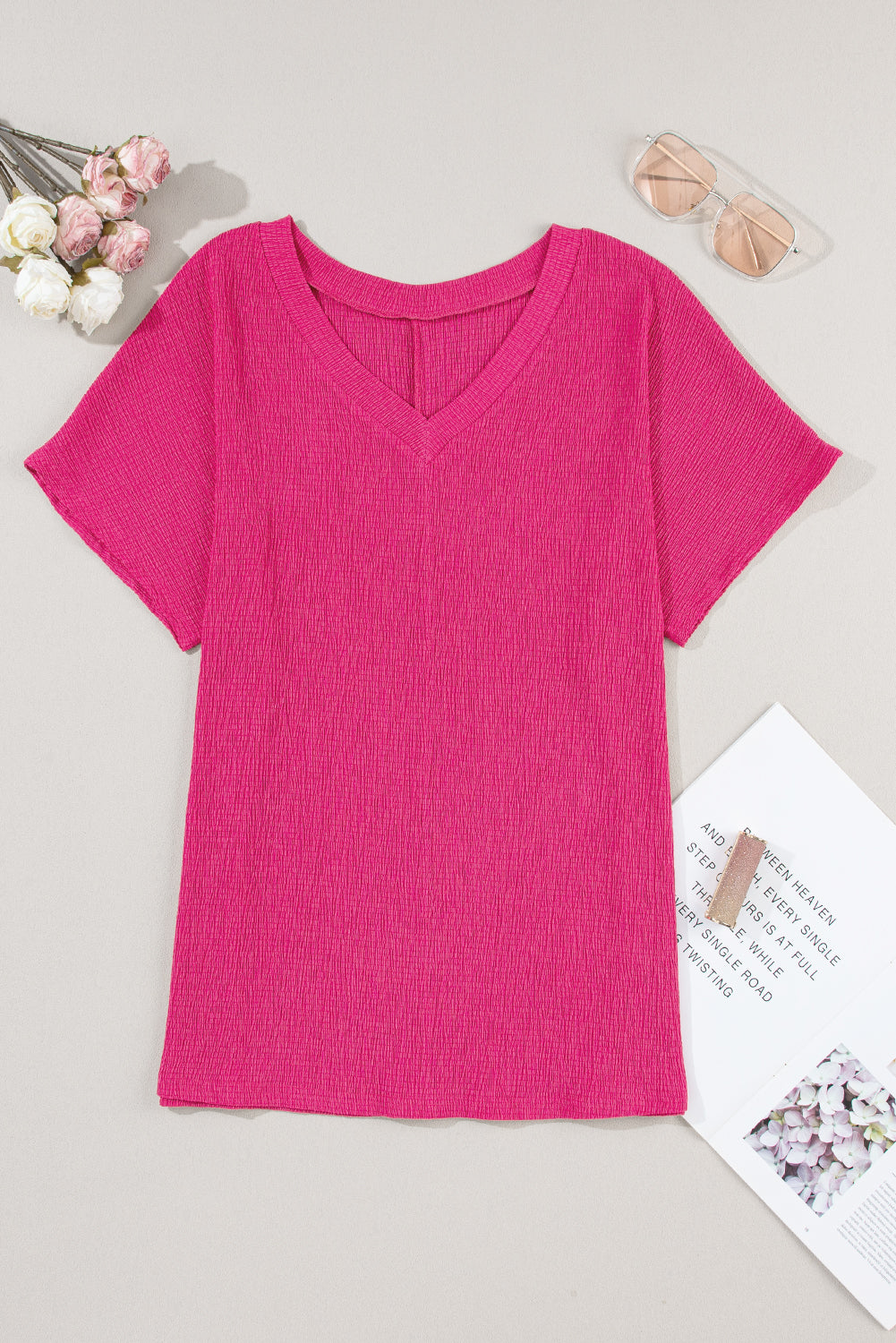 Plain Crinkled V Neck Flounce Sleeve T Shirt