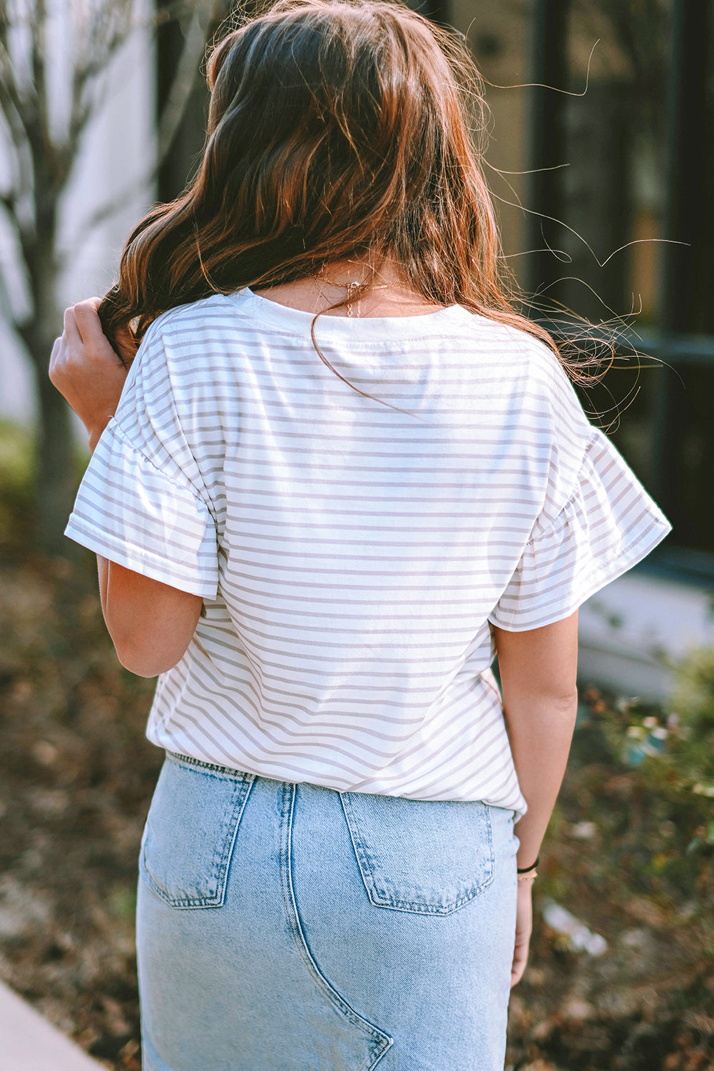 Apricot Striped Lace Splicing Ruffle Sleeve T-shirt