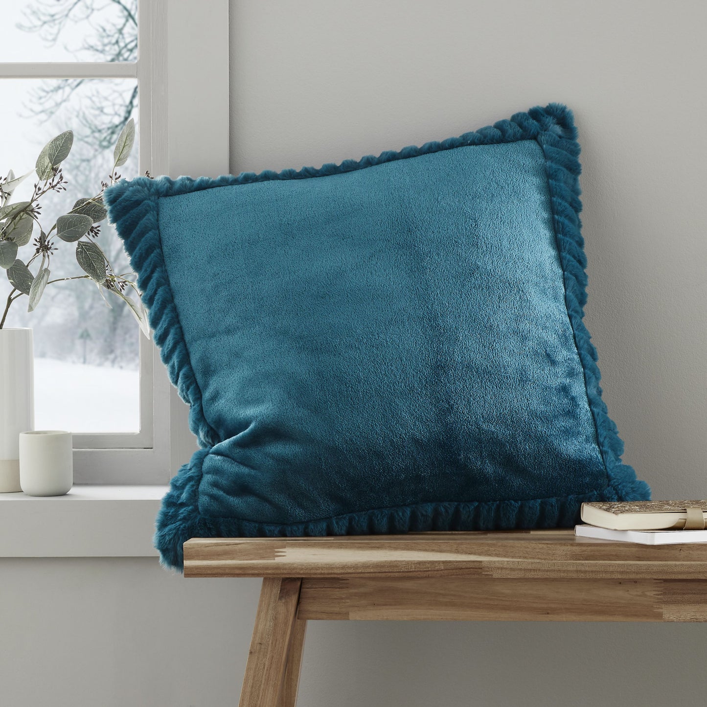 Velvet and Faux Fur Teal Filled Cushion