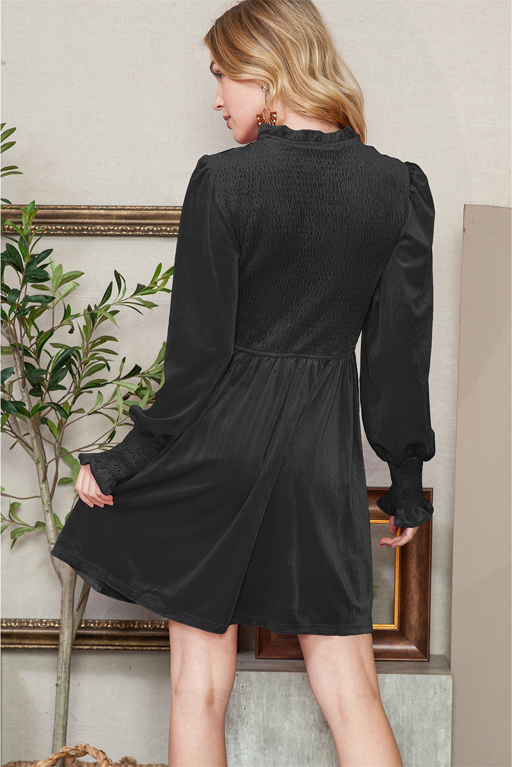 Smocked Lantern Sleeve Frilled Velvet Dress