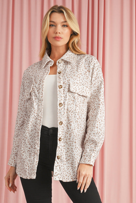 Beige Leopard Print Flap Pockets Buttoned Corduroy Shacket