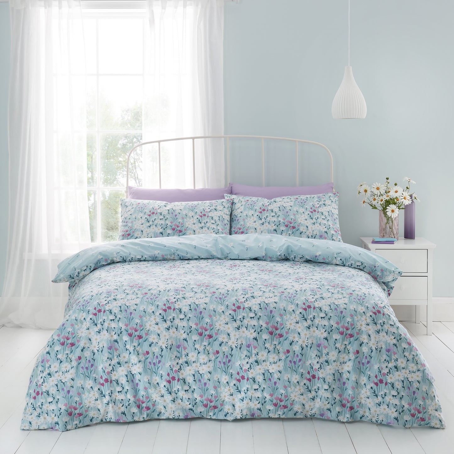 Daisy Meadow Floral Reversible Duvet Cover Set in Duck Egg Blue by Catherine Lansfield