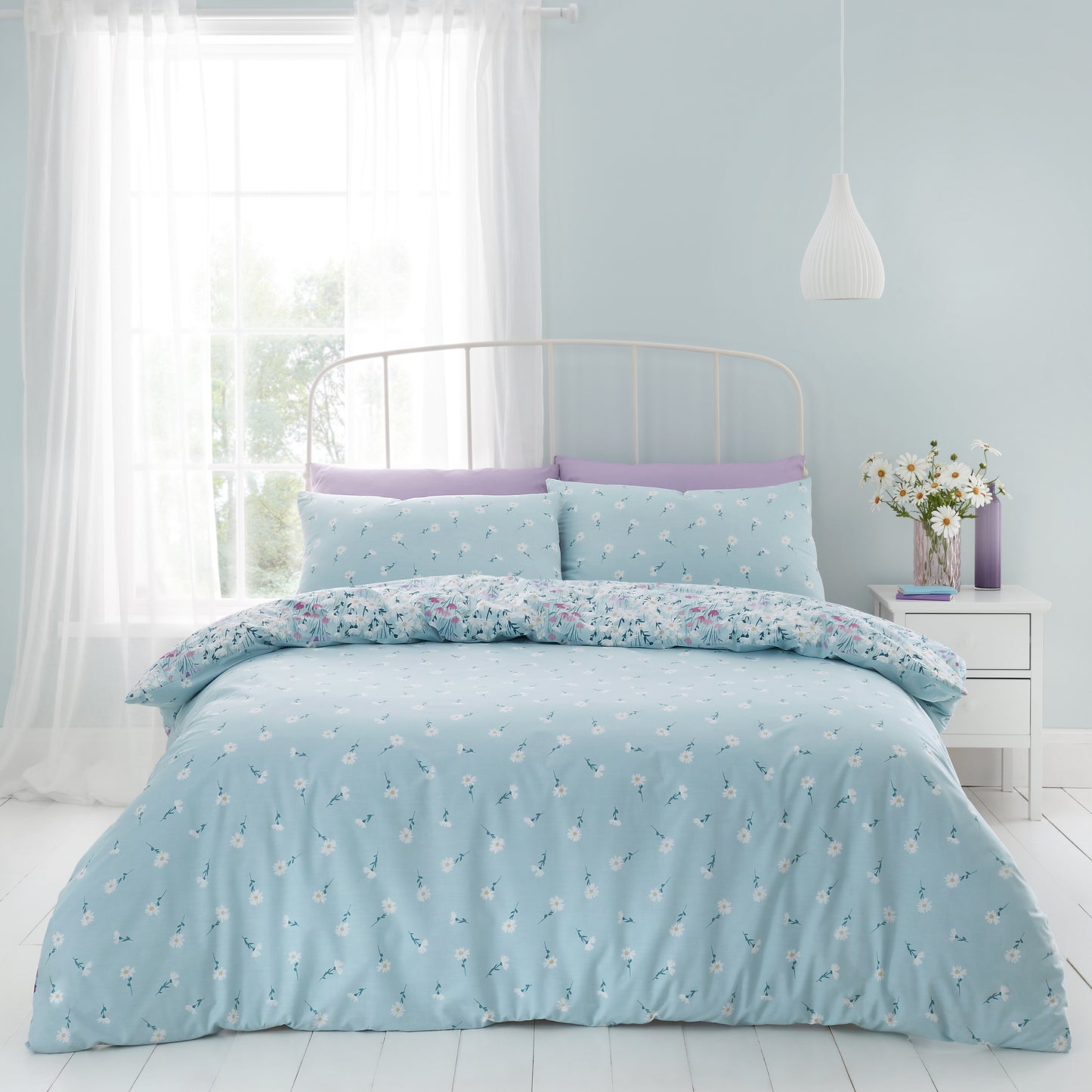 Daisy Meadow Floral Reversible Duvet Cover Set in Duck Egg Blue by Catherine Lansfield