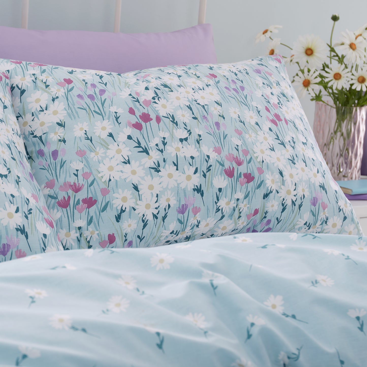 Daisy Meadow Floral Reversible Duvet Cover Set in Duck Egg Blue by Catherine Lansfield