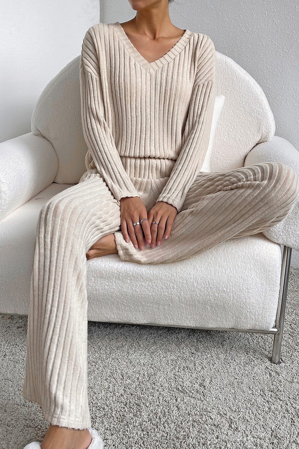 Slouchy Ribbed Knit V Neck Top & Pants Loungewear Set