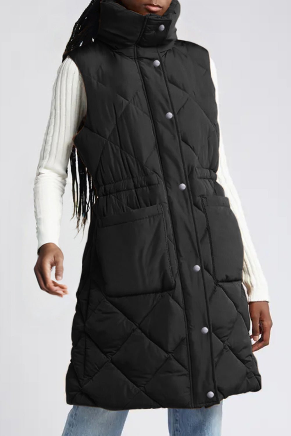 Puffer Quilted Stand Collar Pocketed Vest Coat