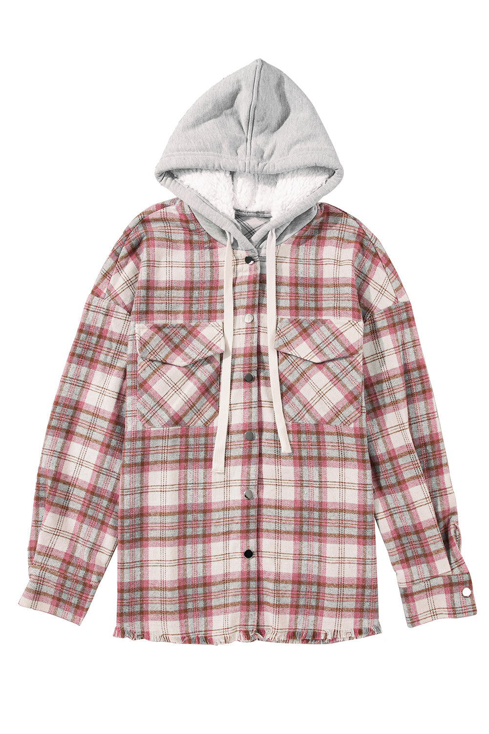 Multicolor Plaid Flap Pocket Hooded Raw Hem Shacket