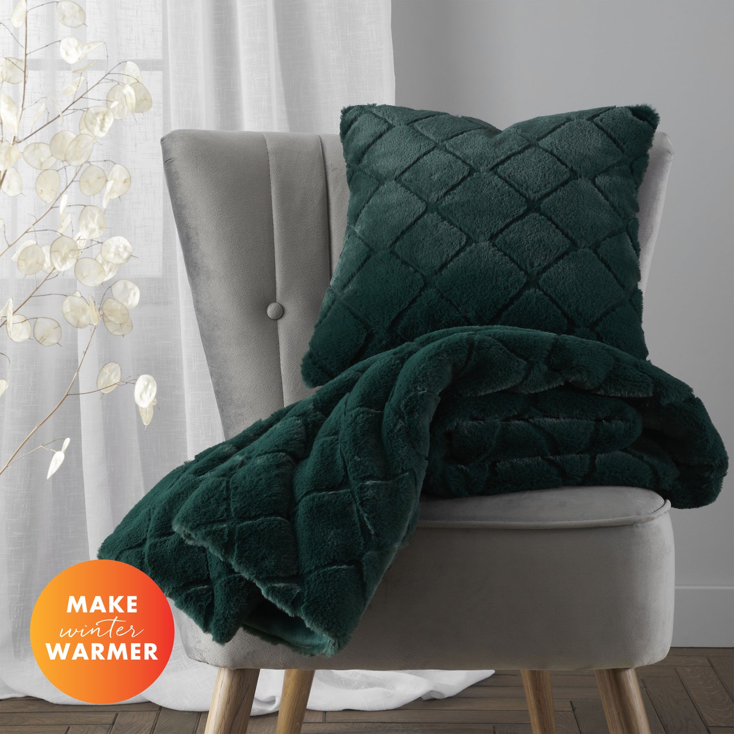 Cosy Diamond Faux Fur Soft Blanket Throw in Bottle Green by Catherine Lansfield