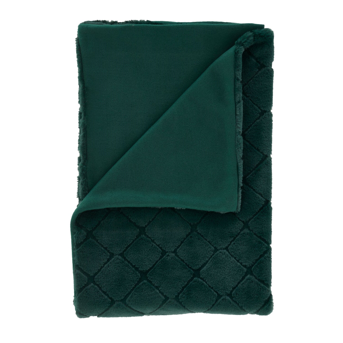 Cosy Diamond Faux Fur Soft Blanket Throw in Bottle Green by Catherine Lansfield