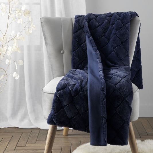 Cosy Diamond Faux Fur Soft Blanket Throw in Navy by Catherine Lansfield