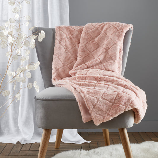 Cosy Diamond Faux Fur Soft Blanket Throw in Blush by Catherine Lansfield