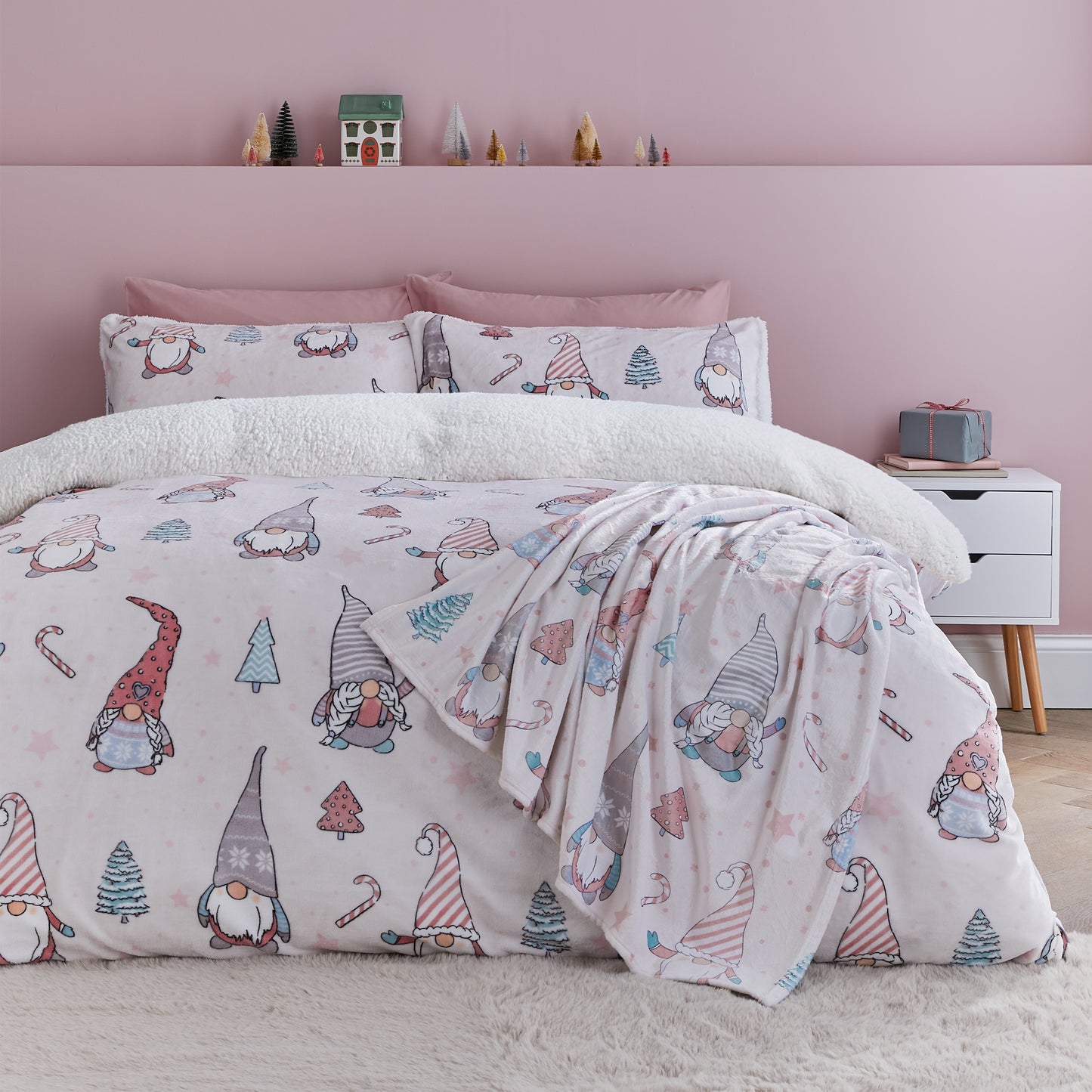 Christmas Festive Gnomes Cosy Fleece Duvet Cover Set in Pink by Catherine Lansfield