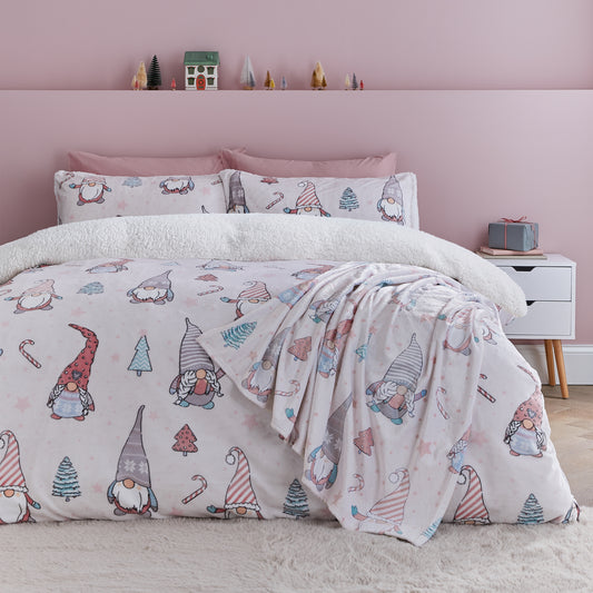 Christmas Festive Gnomes Cosy Fleece Duvet Cover Set in Pink by Catherine Lansfield