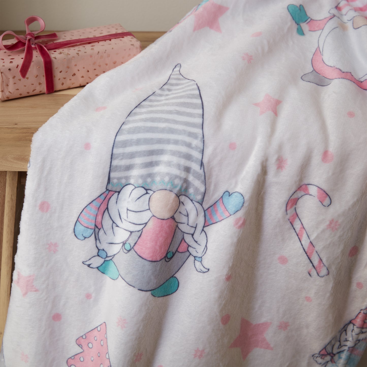 Christmas Festive Gnomes Cosy Fleece Blanket Throw in Pink by Catherine Lansfield