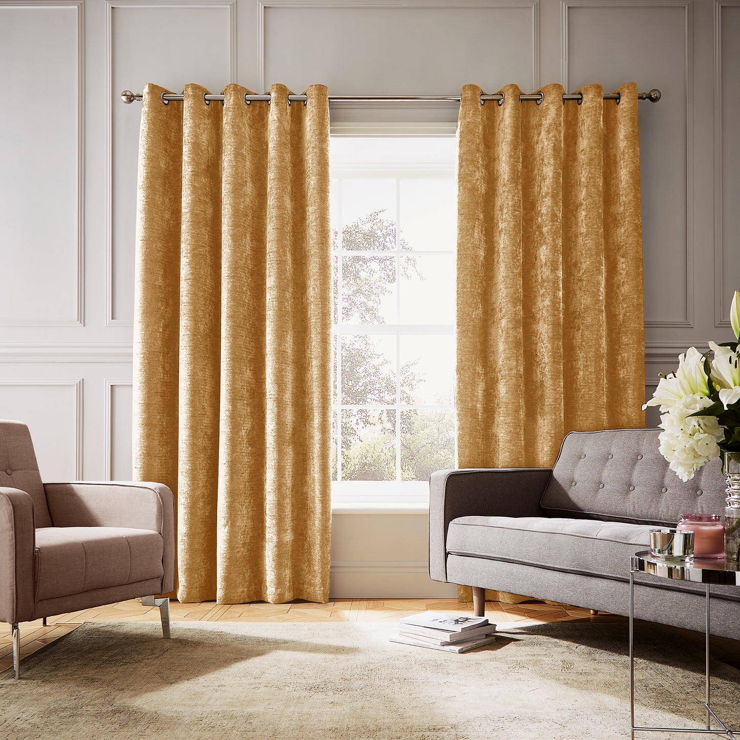 Hyperion Selene Luxury Chenille Weighted Thermal Eyelet Curtains in Amber Gold