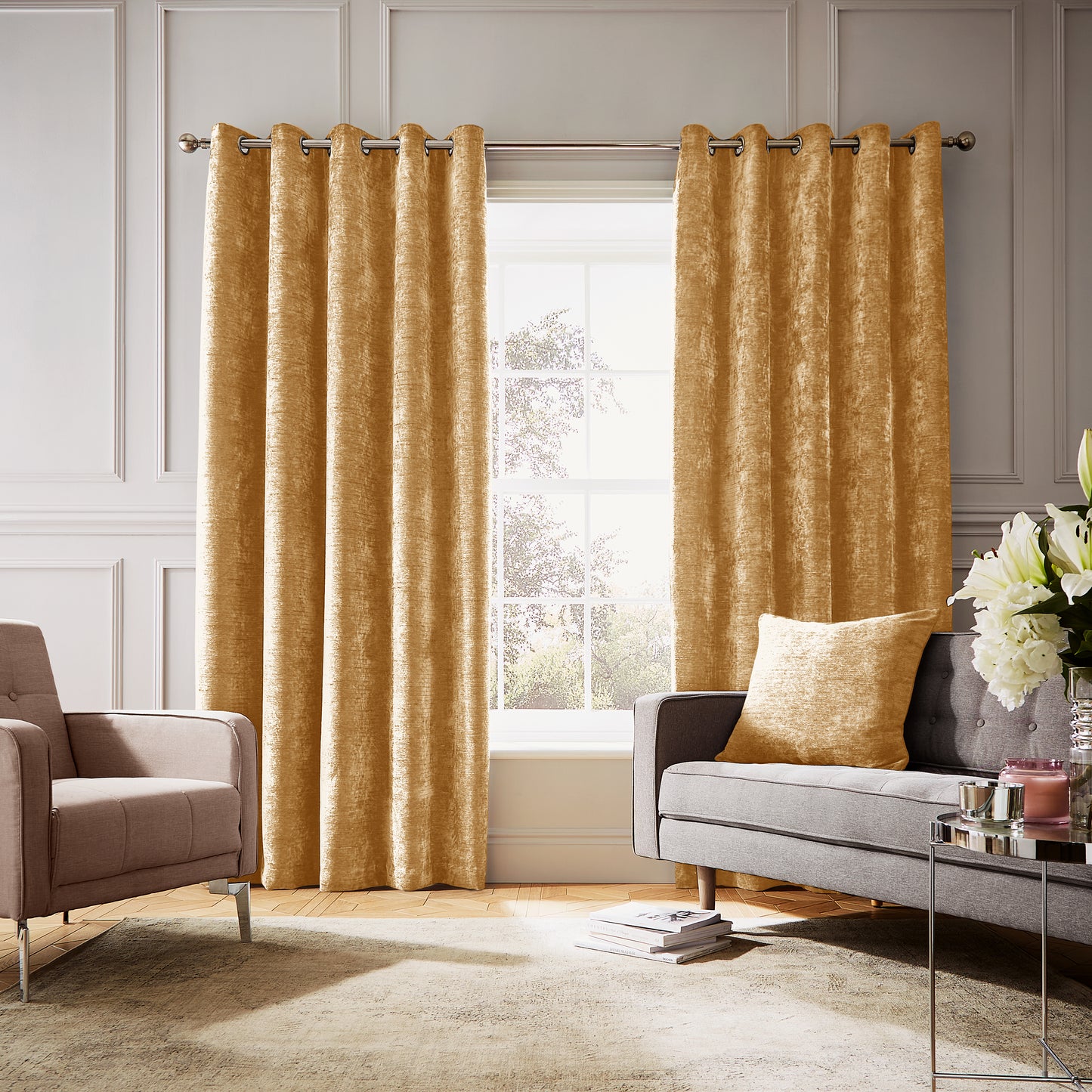 Hyperion Selene Luxury Chenille Weighted Thermal Eyelet Curtains in Amber Gold