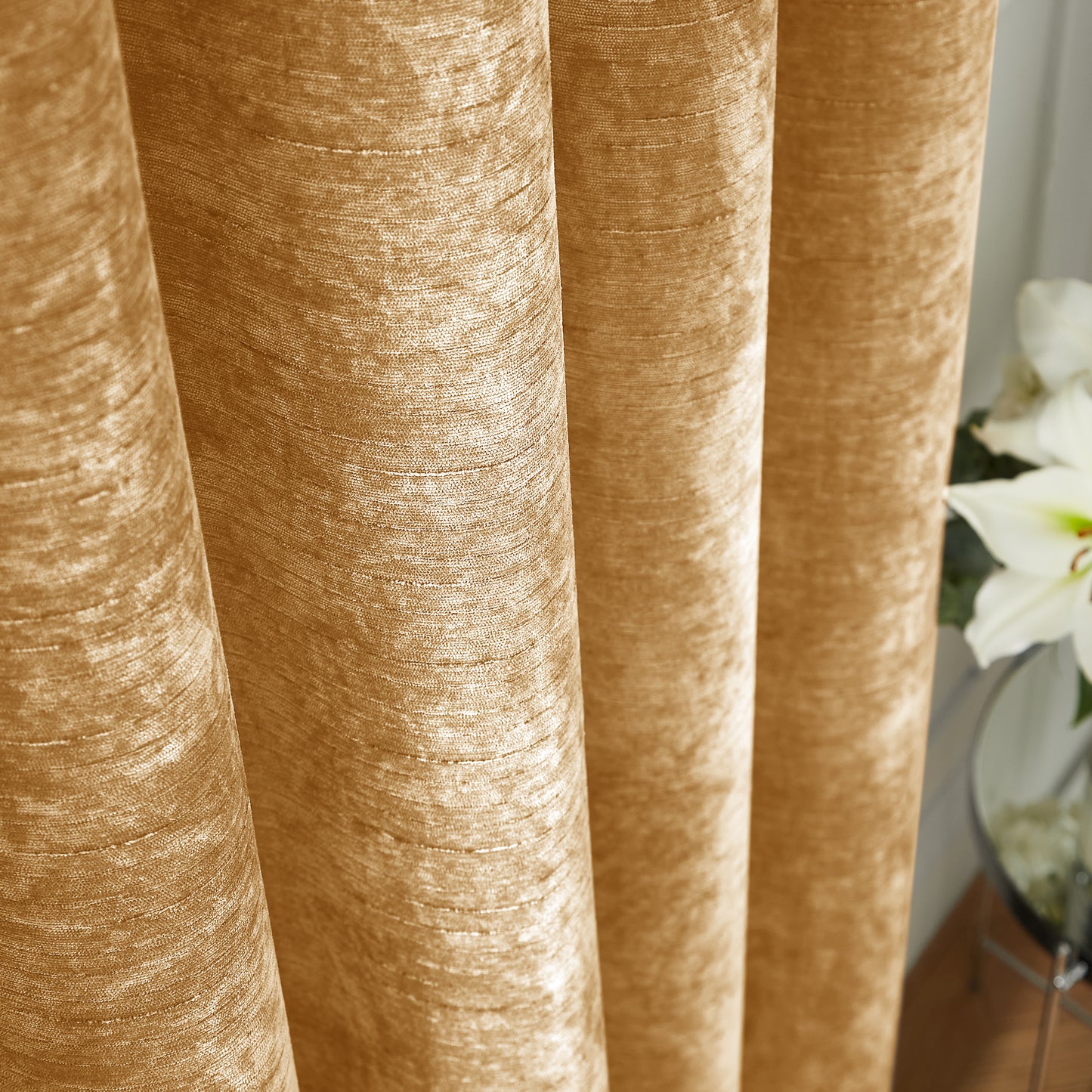 Hyperion Selene Luxury Chenille Weighted Thermal Eyelet Curtains in Amber Gold