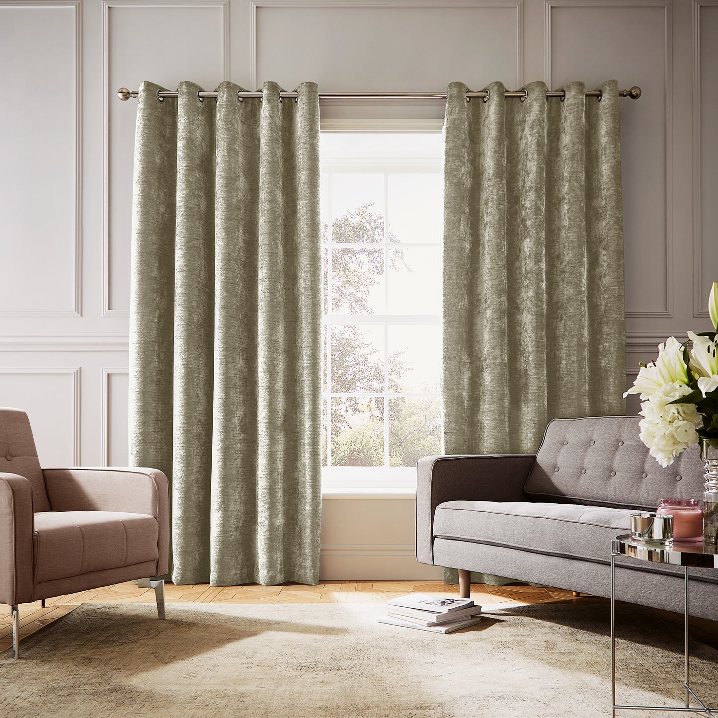 Hyperion Selene Luxury Chenille Weighted Thermal Eyelet Curtains in Olive Green