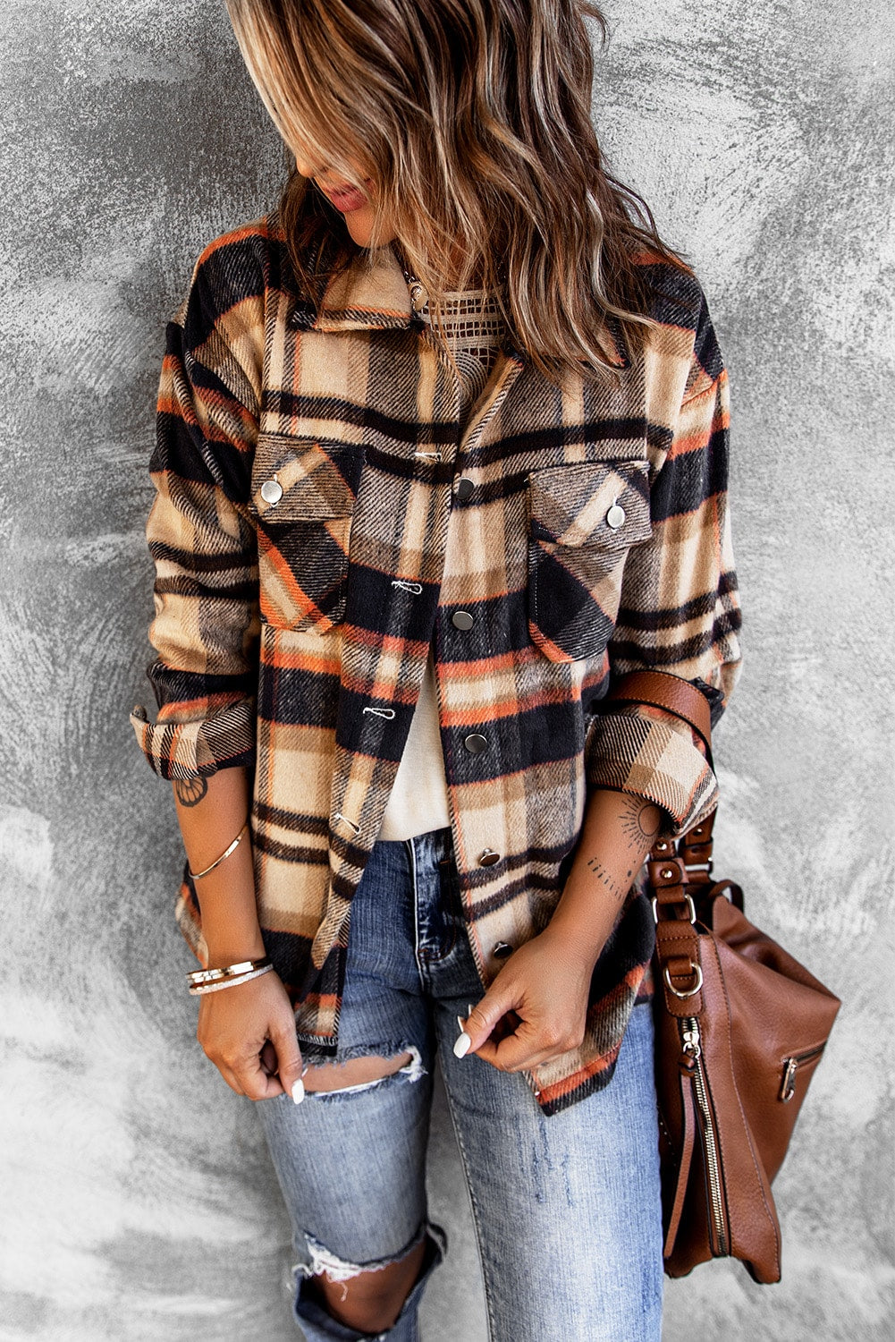 Multicolour Plaid Casual Button Up Flannel Shacket