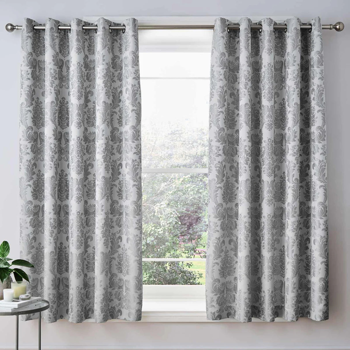 Damask Jacquard Silver Lined Eyelet Curtains by Catherine Lansfield