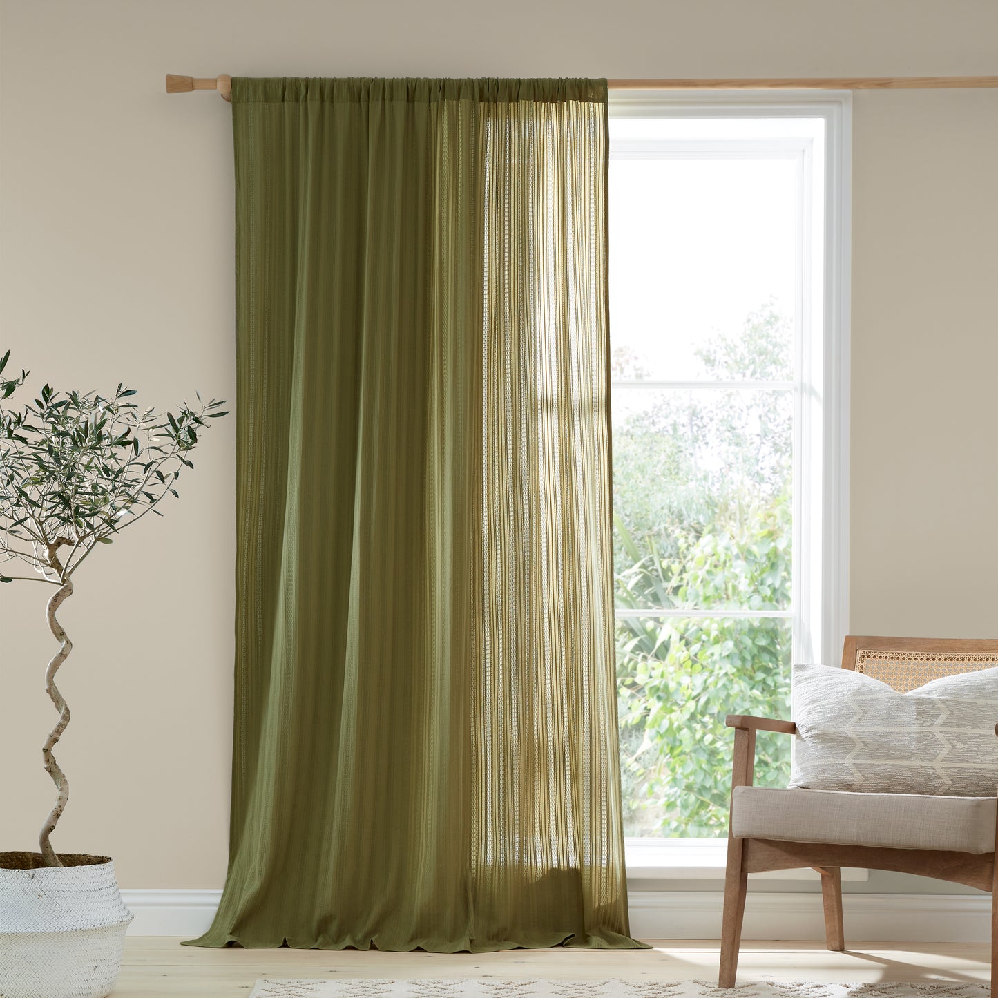 Zofia Broderie Cotton Anglaise Tab Top Voile Curtain Panel in Olive by Pineapple Elephant