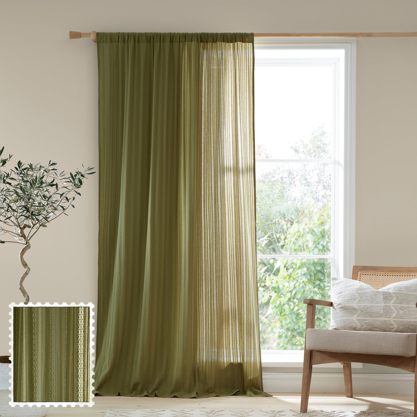 Zofia Broderie Cotton Anglaise Tab Top Voile Curtain Panel in Olive by Pineapple Elephant