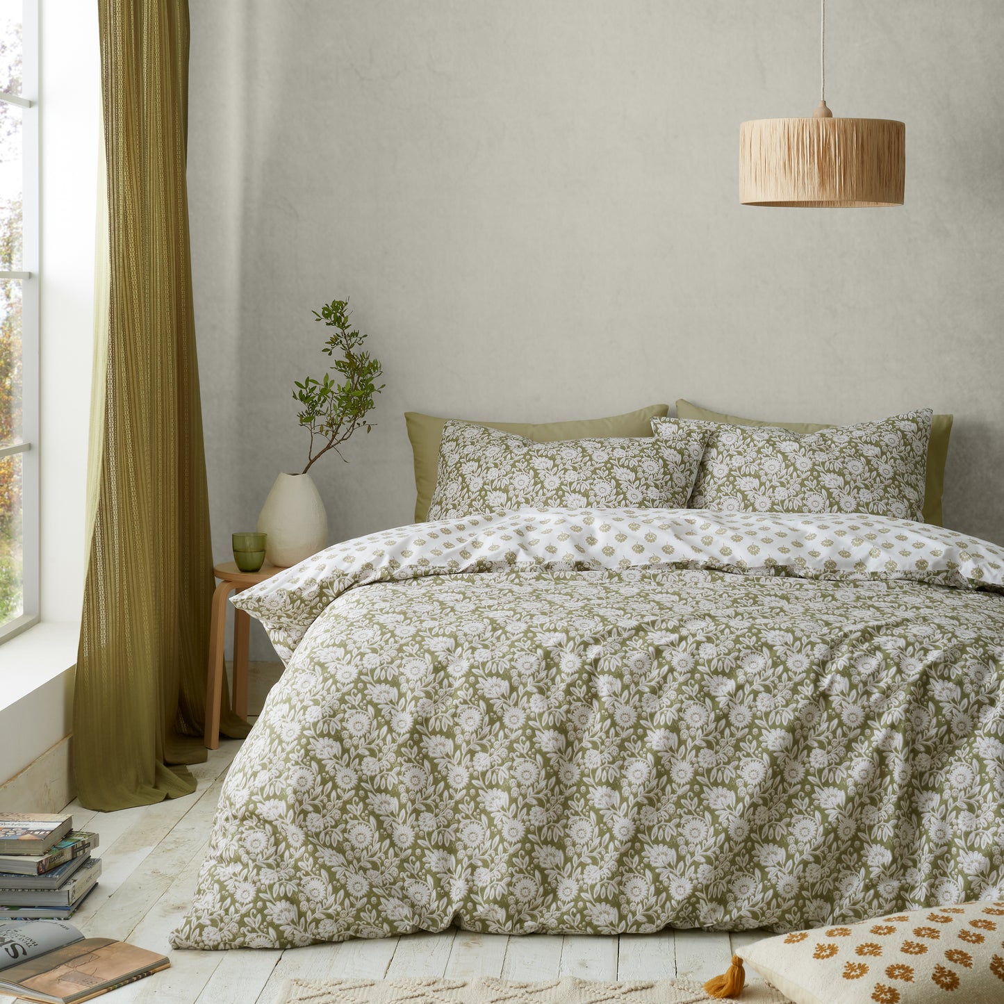 Tangier Floral Duvet Cover Set by Pineapple Elephant in Olive Green